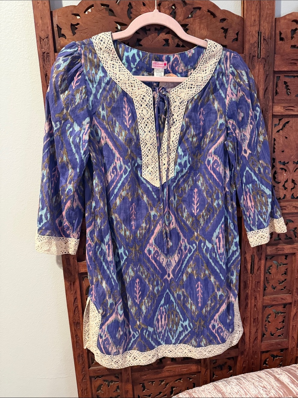 Shoshanna x Charlotte Robson Purple Ikat crochet Trim Swim Coverup tunic dress